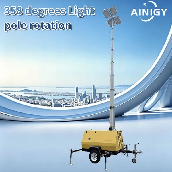 9m Hand Winch Lifting Mobile Lighting Tower Fitted With Air Cooled Diesel Generator for Construction Site & Mining Emergency Lighting photo-2