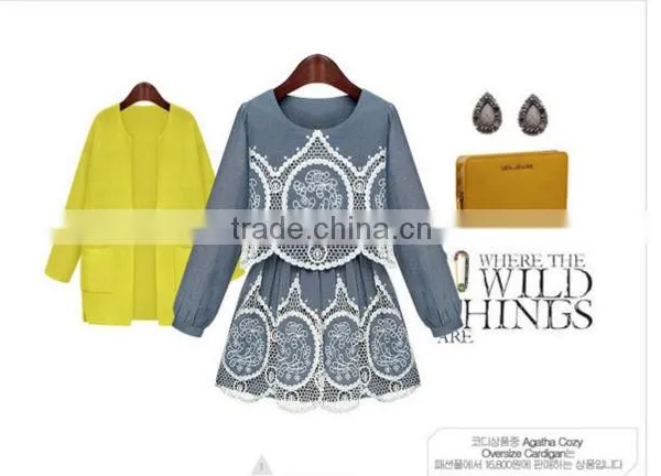2015 Fashion High Quality New Arrival Hot Sale New Ladies Denim Hollow Out Dress Crochet Lace Pattern Denim Dress photo-4