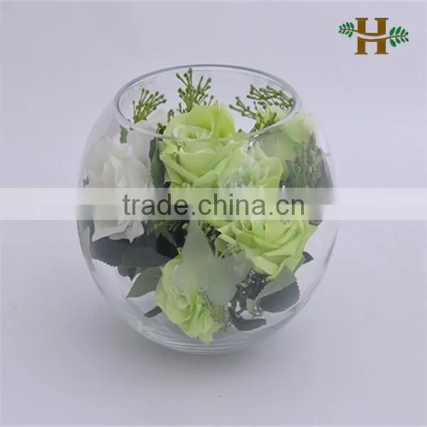 Handmade Round Glass Vase With the Carved Butterfly, Clear Home Use Glass Fish Bowl