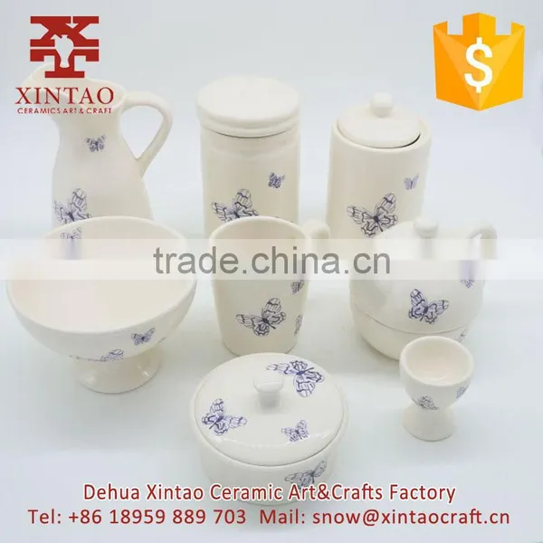 Glazed Full Hand Painted White With Blue Butterfly Ceramic Teapot photo-6