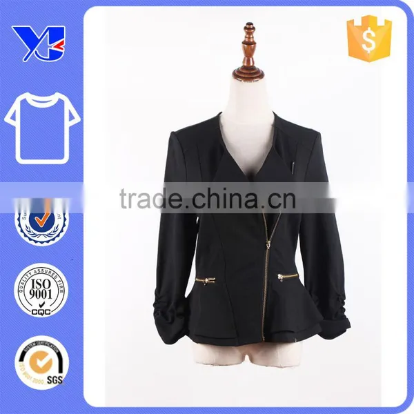Crisp Textile Warp Zipper Clousure Design With Little Ruffle Stiff Woman Coat