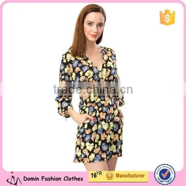 2015 Fashion Girls Long Sleeve Wrap Floral Printed Playsuits photo-2