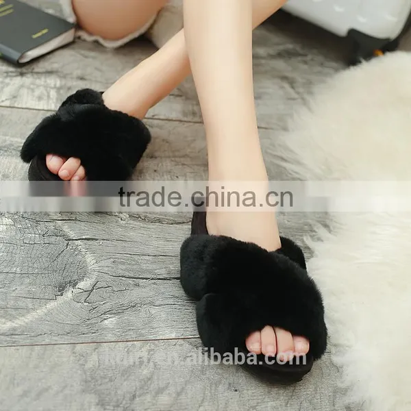 2017 Fashion Brand Woman Real Rabbit Fur Slides Soft Furry Slipper Women Flat Heel Platform Sandals Slipony Slip Fslipper-9 photo-5