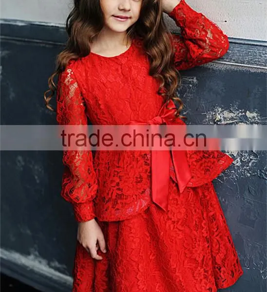 Red Long Sleeve Maxi Dress A Line Mommy And Me Lace Women Baby Party Dress photo-4