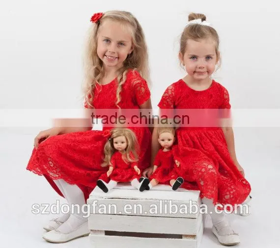 Doll And Me Red Christmas Dress Girls Lace Short Sleeve Dress photo-3