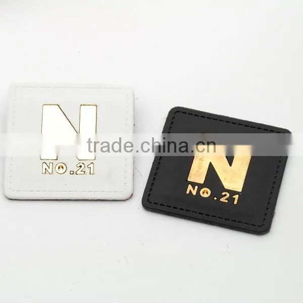 White/black PU Leather Sew on Patches With Gold Metal Plates Fashion Clothing Label for Jeans/jacket PLB-022 photo-3