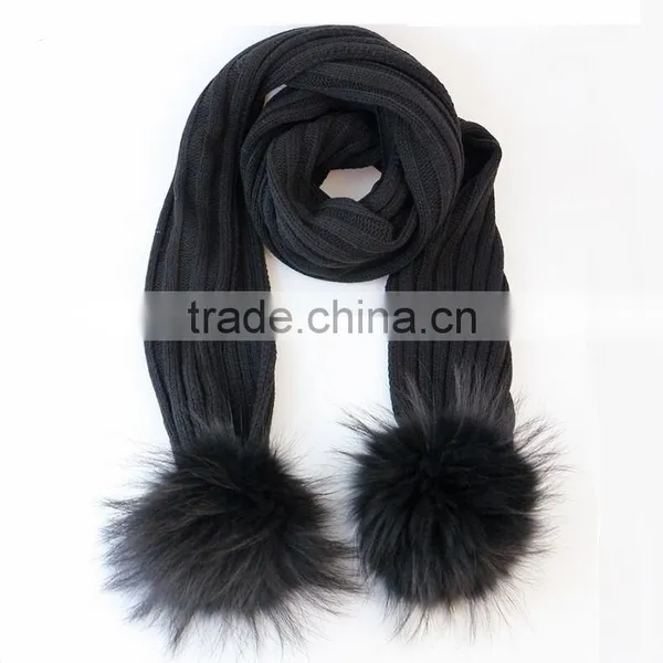 RRSC001 Fabulous Fancy Chunky Yarn Metallic Lurex Blended Cable Women Winter Knitted Scarf Reaccon Fur Pom Poms Shawl