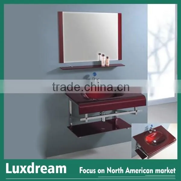 modern bathroom vanity with red glass stemware