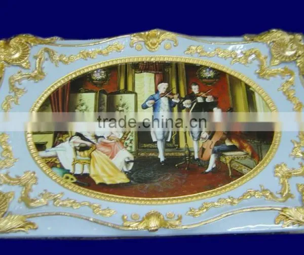 Floral Ceramic and Gold Plated Copper Mounted Framed Wall Hanging Art Fresco, Wall Mural photo-3