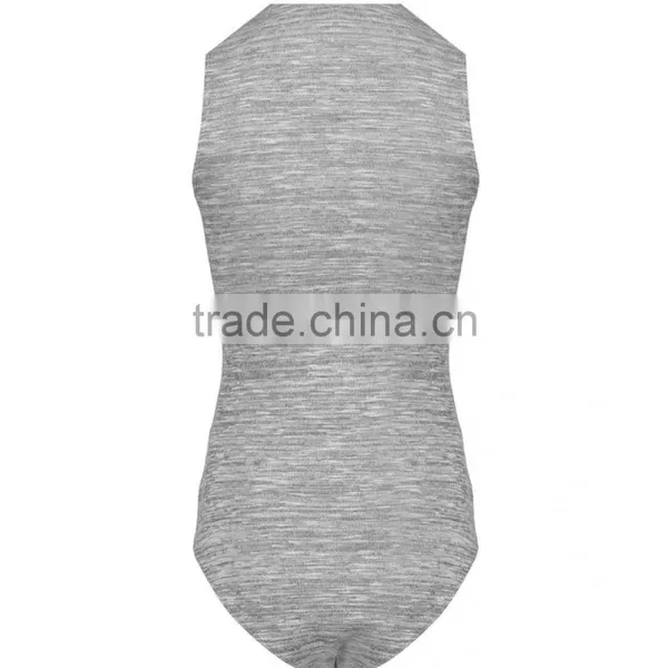 High Quality Women Grey Sleeveless Plunge Bodysuits V Neck Casual Bodysuits Fashionable Slub Cotton Tops photo-2