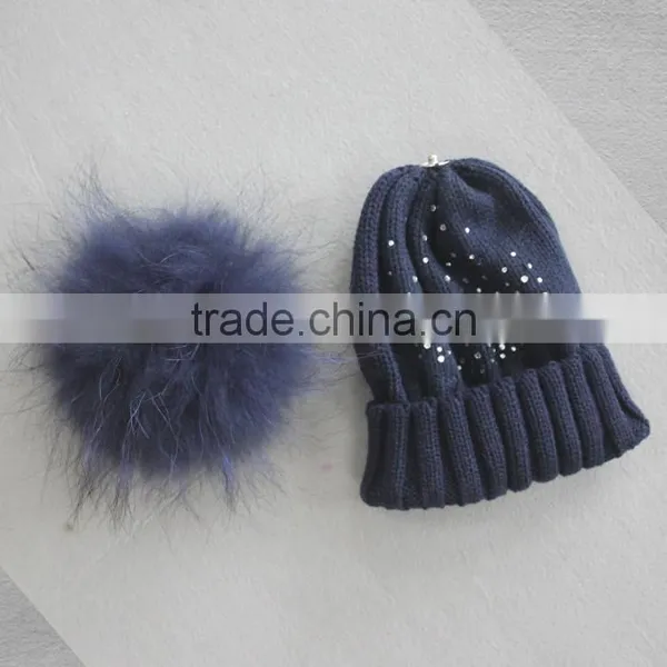 Myfur Navy Knitting Beanie Hat With Stones Real Raccoon Fur Ball Top For Teenager Boys photo-4