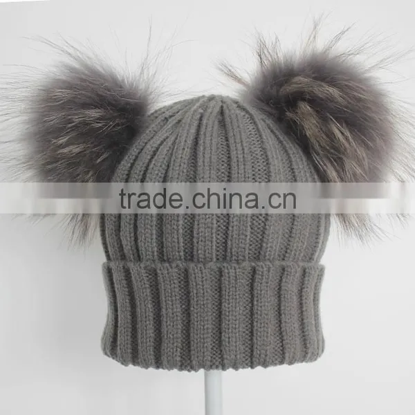 Myfur Dark Grey Wool Knitting Hat With Detachable Raccoon Fur Pom Poms photo-3