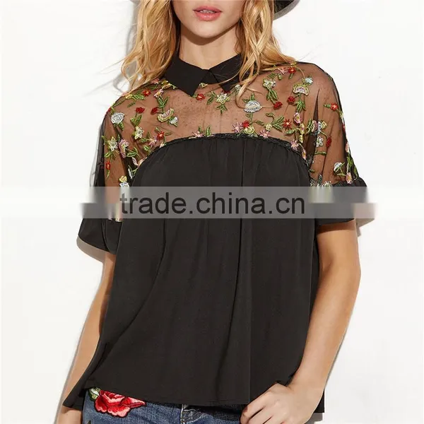 Hot Sell Embroidered Ruffle Cuff Sheer Tie Back Blouse Neck Designs Cutting photo-4