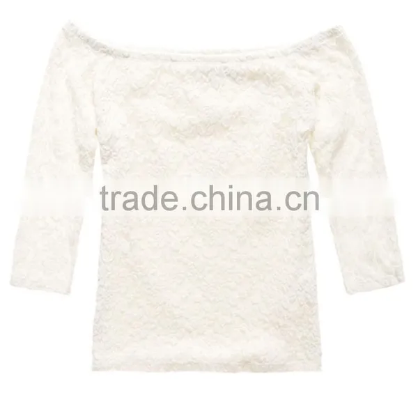 2016 Guangzhou Shandao Hot Selling New Arrivals Summer Casual Fat Women 3/4 Sleeve White Boat Neck Slim Lace Plus Size Top photo-5