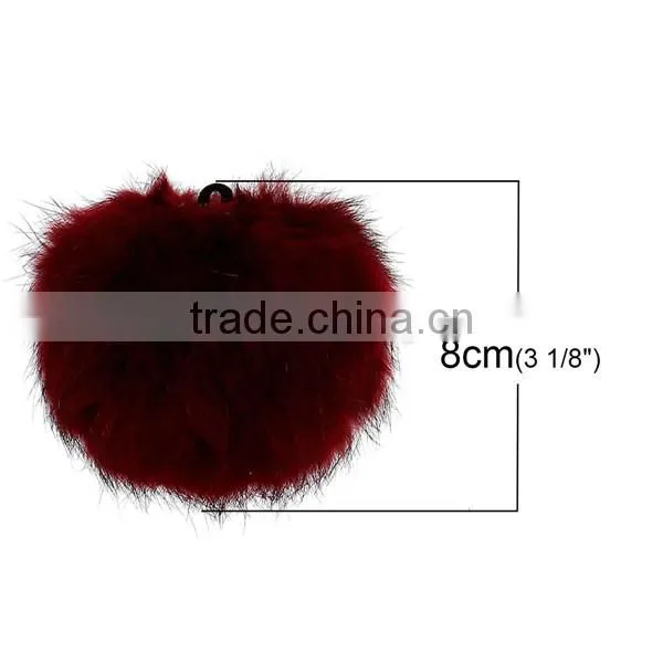 Angora Pom Pom Balls DIY Craft Decoration Wine Red With Ring 80mm Dia. photo-2