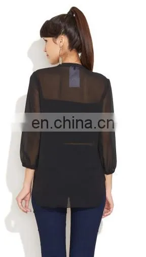 Sexy Trendy High Fashion Stylish Black Chiffon 3/4 Sleeve Embroidered Neck Detailing In Front Top Tunic Blouse Dress For Women photo-3