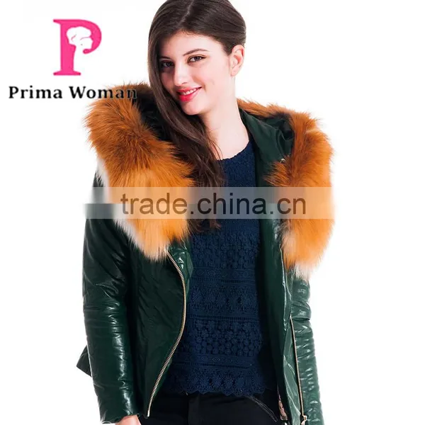 New Design Winter Women Short Slim Fit Leather Jacket With Red Fox Hat Overcoat photo-3