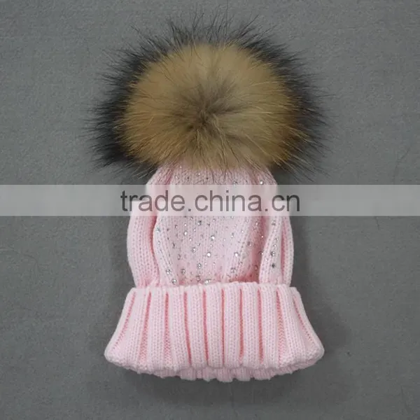 Myfur Chinese Manufacturer Woolen Hat for Kids With Detachable Raccoon Fur Pompom photo-3