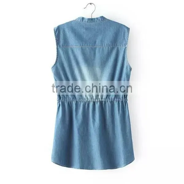 EY0492A 2015 New Desgin Women Pure Color Sleeveless Collar Cowboy Dress photo-2