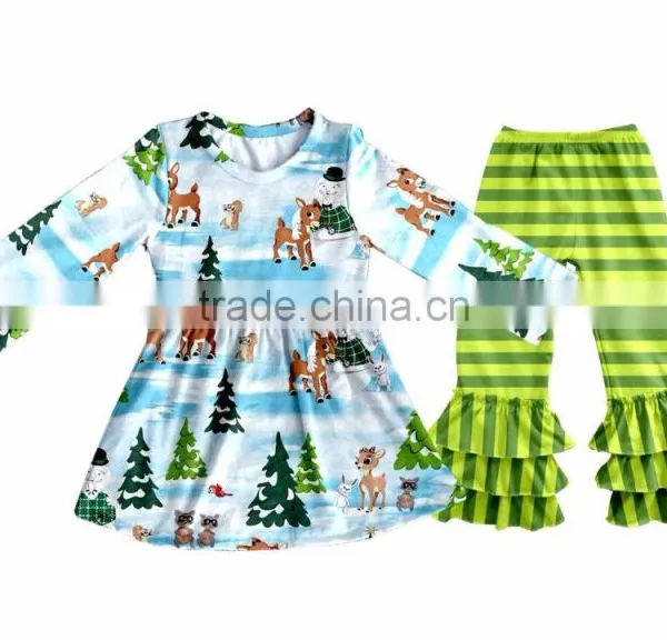 Fall Winter Snow Man Children's Long Sleeve Boutique Girl Clothing Set Baby Romper Outfits With Ruffle Pants Fast Delivery photo-5