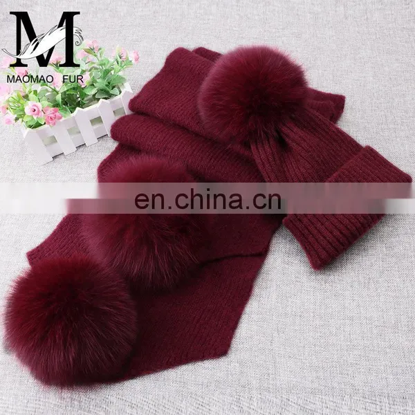 Winter Wool Knitted Beanies Scarf Fox Fur Pompom Knitted Hat Wool photo-4