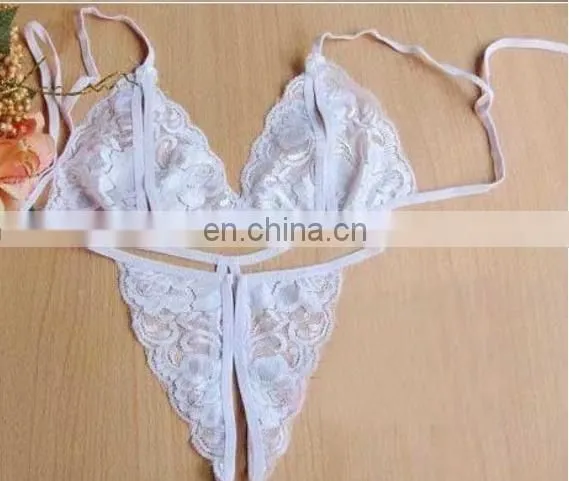 Women's Sexy 2 Piece Crotchless Thong Bra and Panty Sheer Lace Mesh Bra+ G-string Sexy Underwear Lingerie Bra Set