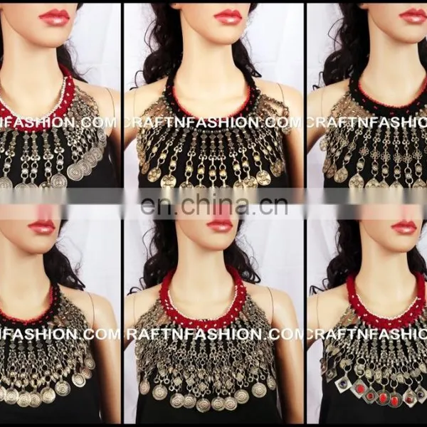 Designer Tribal Long Bell 1960s Handmade Necklace,BY Megh Craft - Indian Ethnic Old Coin Jewelry Afghanistan Kuchi Tribal Set photo-4