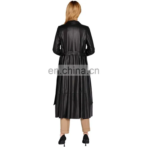 Women Long Body Lambskin Black Full Body Trench Leather Coat photo-5