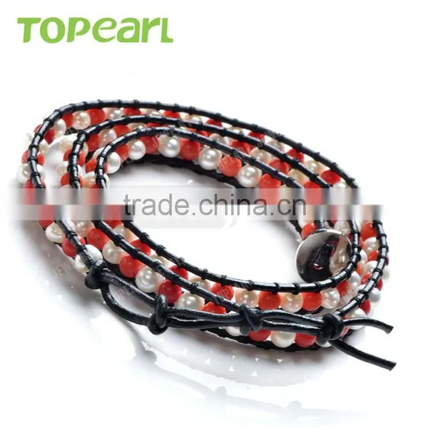 Topearl Jewelry Potato Shape White and Coral Freshwater Bracelet Woven Leather Wrap Bracelets Designs for Girls CLL165 photo-3
