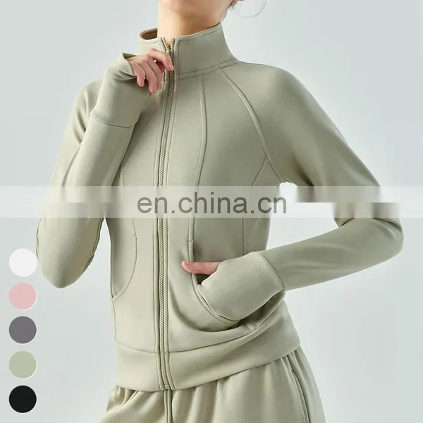 Custom Running Workout Sports Tops Wear Gym Fitness Stand Collar Long Sleeve Thumb Hole Zipper Jackets Yoga Jacket For Women photo-4