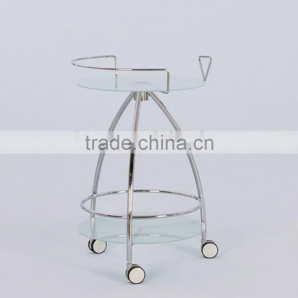 Serving Cart/ Round Glass Table with three arc metal wheel Trolley