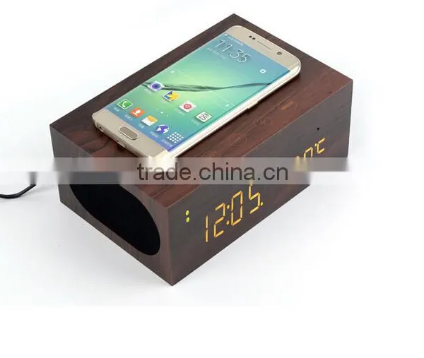 Wireless Charger+Clock+Alarm+Thermometer,New Style Wood Bluetooth Speaker photo-3