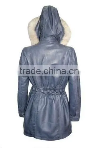 Ladies Baby Blue Knee Length Detachable Fur Hooded Soft Nappa Leather Jacket photo-2