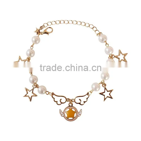 Angel Wing Planet Cross Star Charms Bracelet Pearl Bead Linked Bracelet photo-3