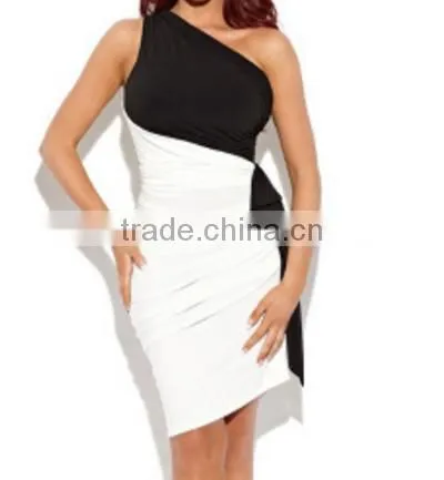 Color Mosaic Shoulder Collar Asymmetric Pleated Sleeveless Slim Package Hip Dress Sub photo-3