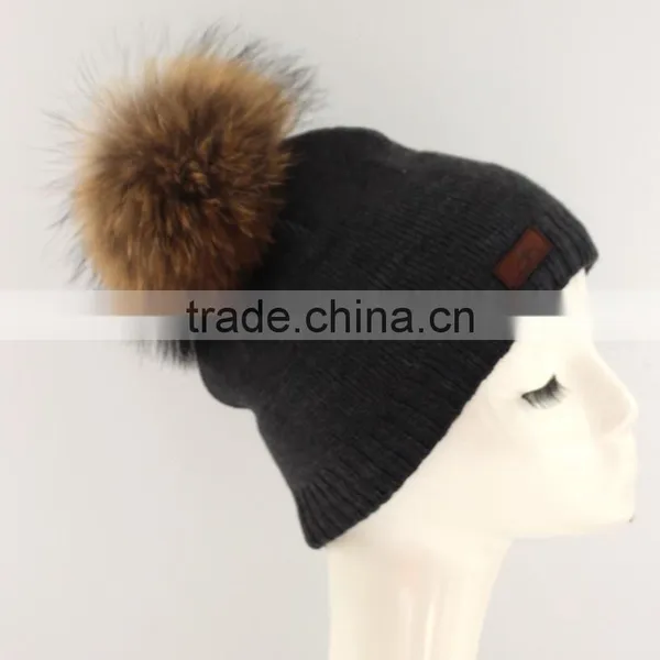 Myfur Newest Fashion Winter Crochet Hats Unisex Wholesale Genuine Raccoon Fur Pompom Beanie Wool Hats photo-2