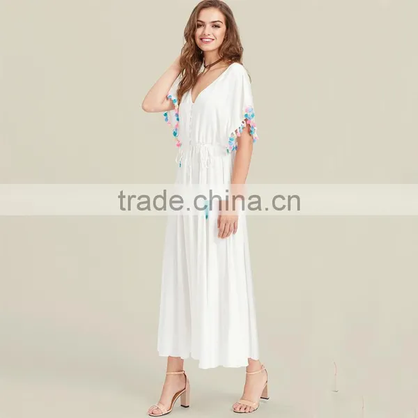 Designer Tassel Trim Boho Dress, Women White Deep V-neck Maxi Dress photo-3