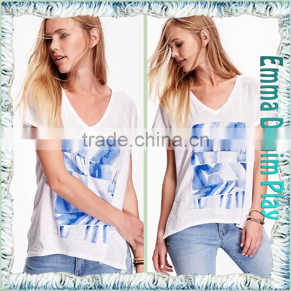 2016 Top Custom Designs Ditigal Printing Girls Open Hem Deep V Neck T-Shirt photo-3