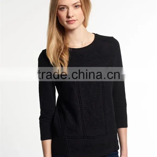 China Supplier Shandao Latest Model Good Quality Autumn Casual 3/4 Sleeve Round Neck Black Embroidered Cotton Tops For Women photo-2