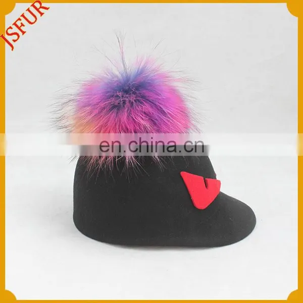 Wholesale Kids Woolen Headgear Raccoon Fur Pompom Baseball Cap