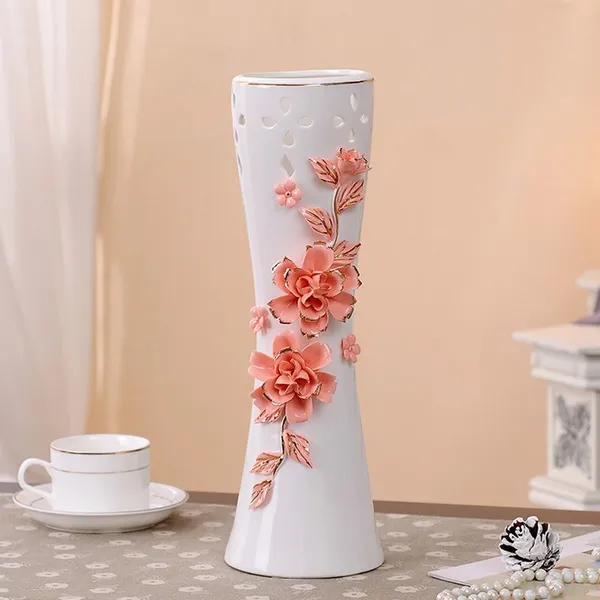 Chinese Fresh White Red Rose Hollow Out Gilded Hand Made Ceramic Vase For Wedding Gift photo-2
