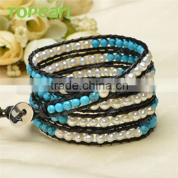 Topearl Jewelry Freshwater Pearl Blue Turquoise Charm Bracelet Woven Leather Wrap Bangle for Women 33.5 InchesCLL134 photo-3