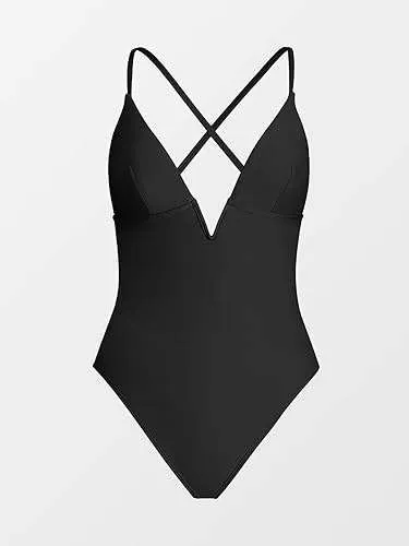 Swimsuit with Tummy Control High Cut V-Neck Design Beach Swimsuit with Solid Pattern Swimming Wear for Women
