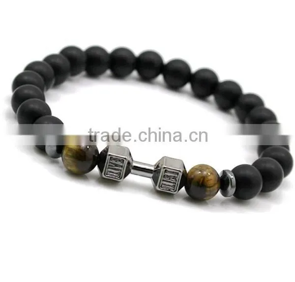 Wholesale Alloy Metal Barbell Matte Black Stone Beads Fitness Fashion Dumbbell Bracelets photo-3