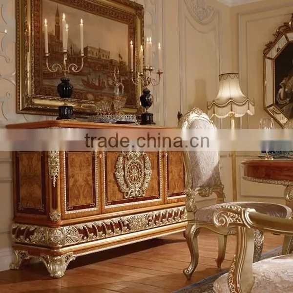 Luxury Gold Painted Decorative Side Cabinet, Dining Room Wooden Sideboard, Antique Carved Wooden Buffet photo-3