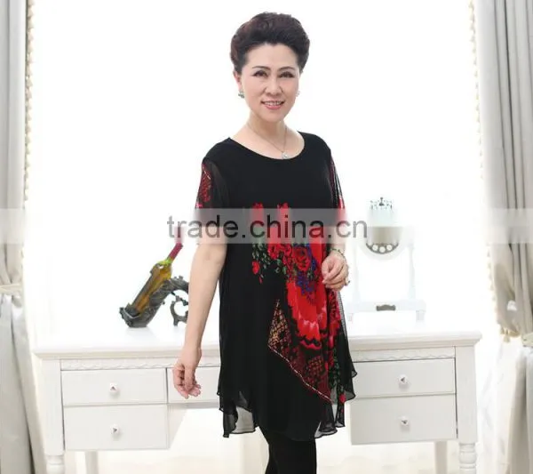Elegant Lace Formal Short Sleeve Printed Floral Loose Blouses for Old Ladies photo-2