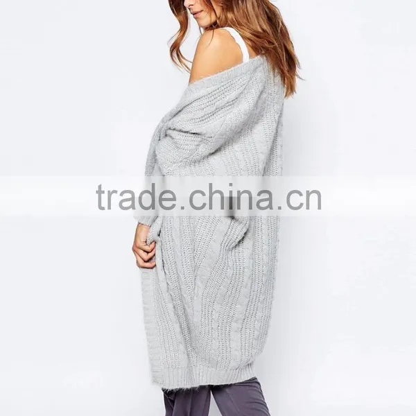 Women Plus-Size Loose Open Front Stitch & Pieces Cocoon Bat Sleeve Plain Stitch Knitwear Cardigan Gray Sweater photo-2
