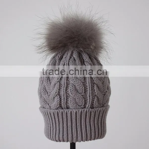 Myfur High Quality Wool Cable Knit Beanie Hat Pom Pom Custom Fur Hats photo-5