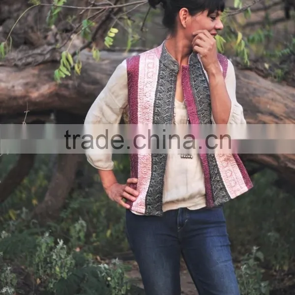 Vintage Kantha Vest in Beautiful Pink Saree Border Patchwork ~ Medium photo-3