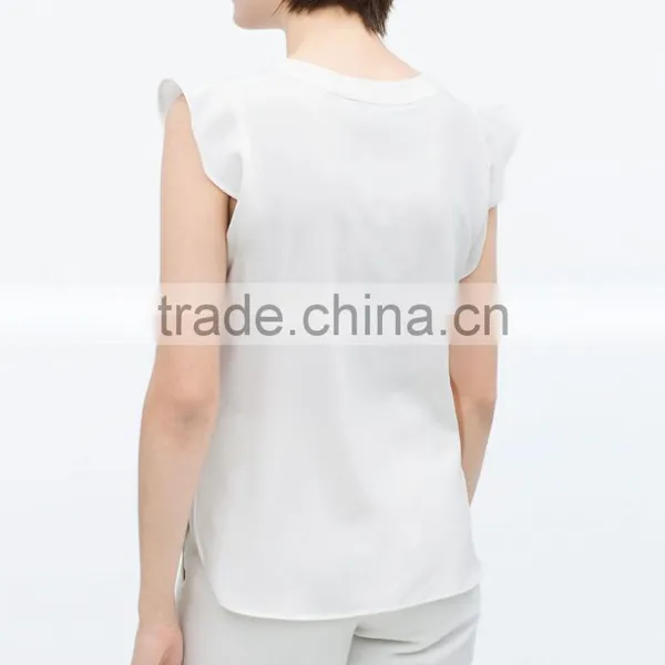 Fashion Ruffles Sleeves Women V Neck White Tank Tops Blank Chiffon Shirt photo-3
